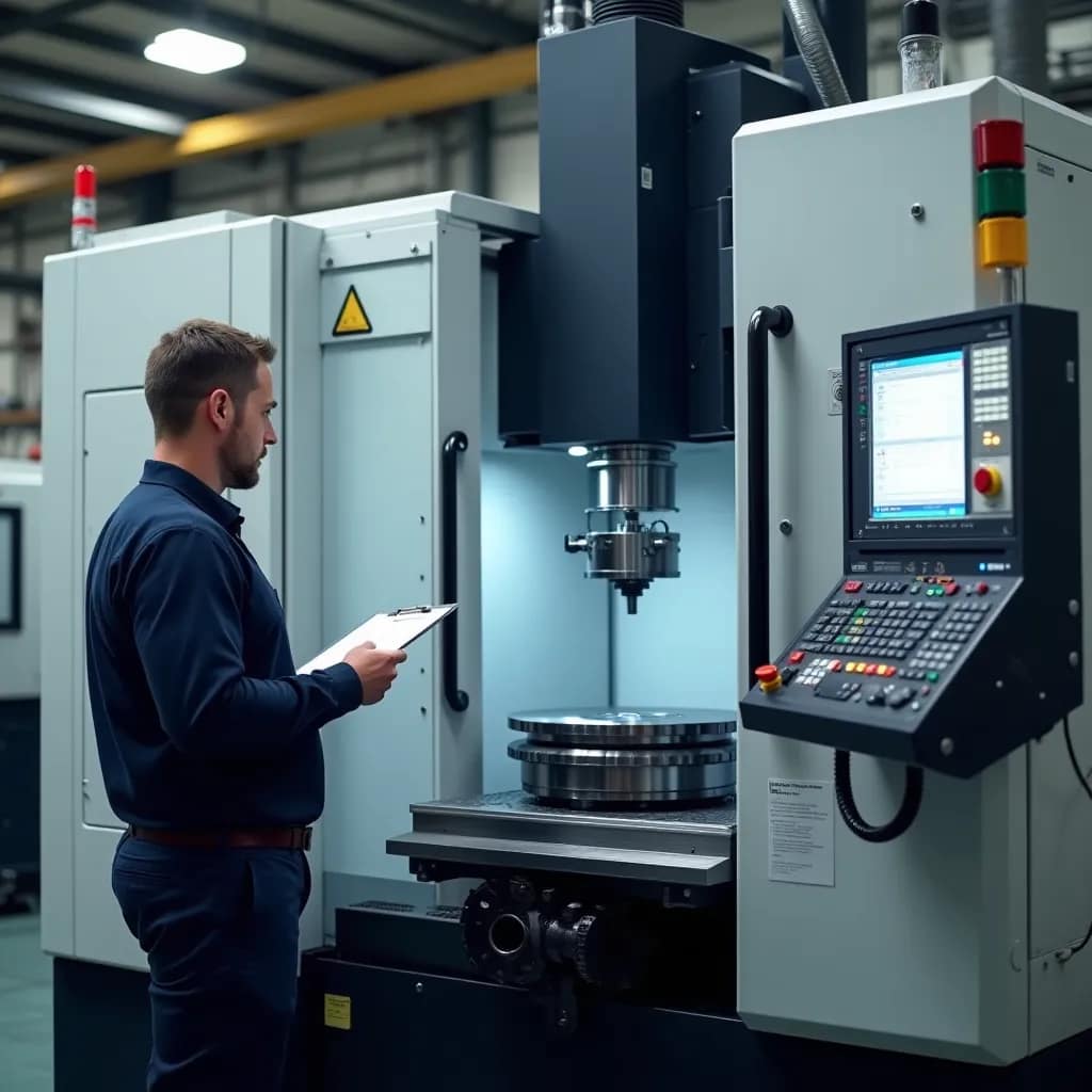 Centro di lavoro CNC con tavola rotante 4° asse durante verifica e collaudo in officina