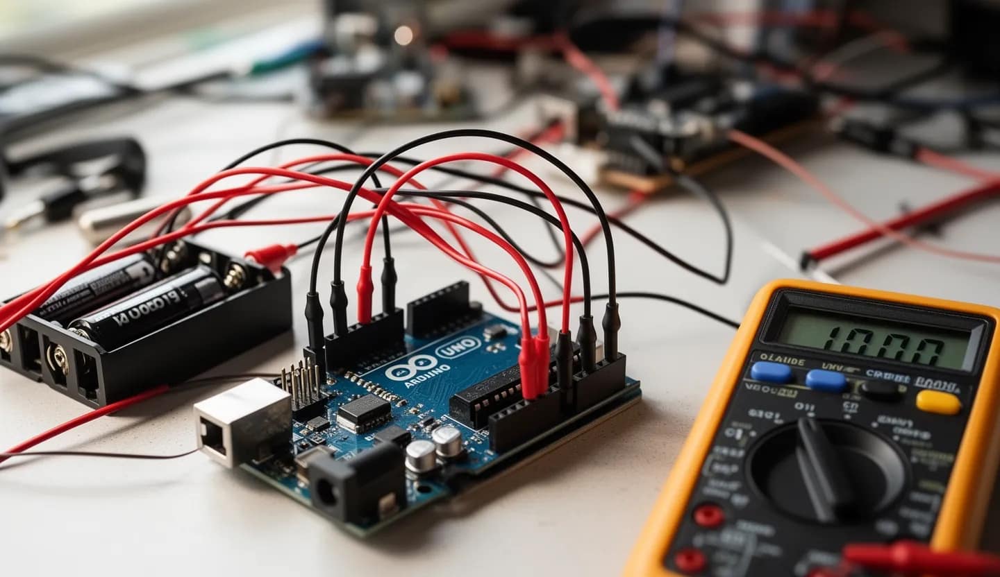 Breadboard con scheda Arduino collegata a un pacco batteria e multimetro che misura la tensione sul tavolo