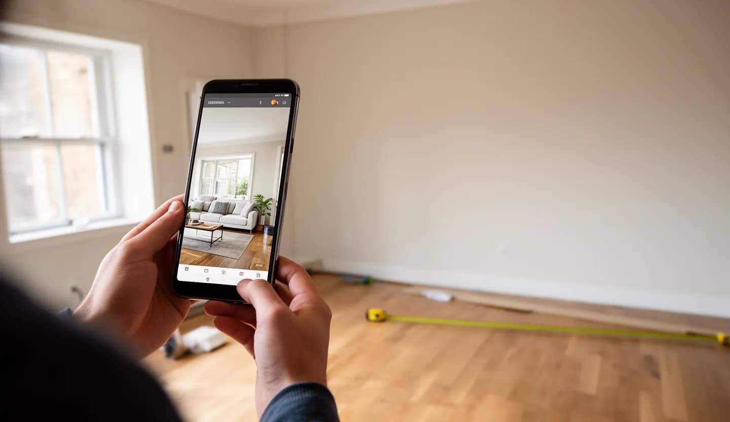 Render AI di un soggiorno sullo smartphone