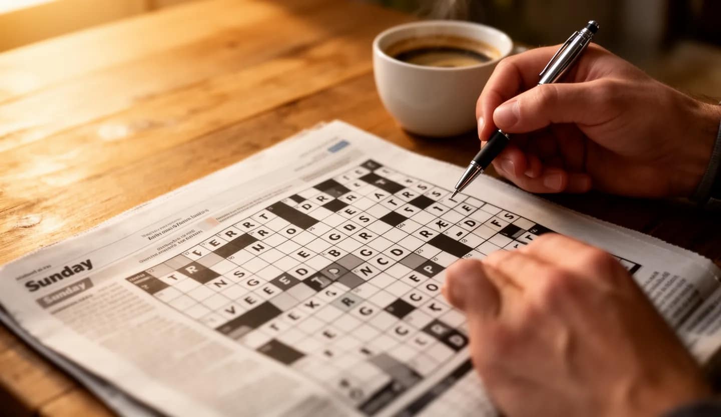 Mani con penna su un cruciverba domenicale semi compilato, tazza di caffè accanto
