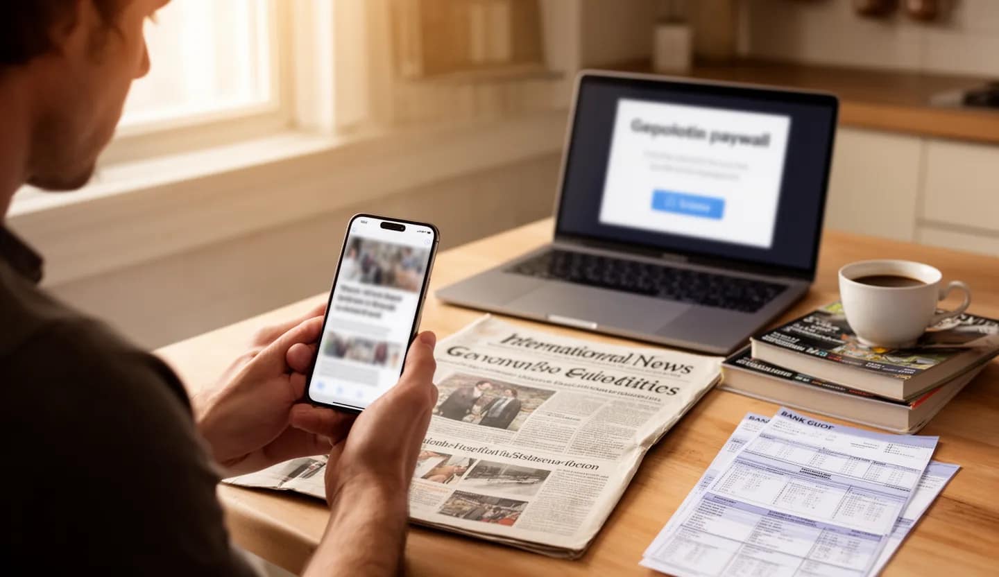 Persona al tavolo confronta attualità internazionale su smartphone e quotidiani esteri cartacei
