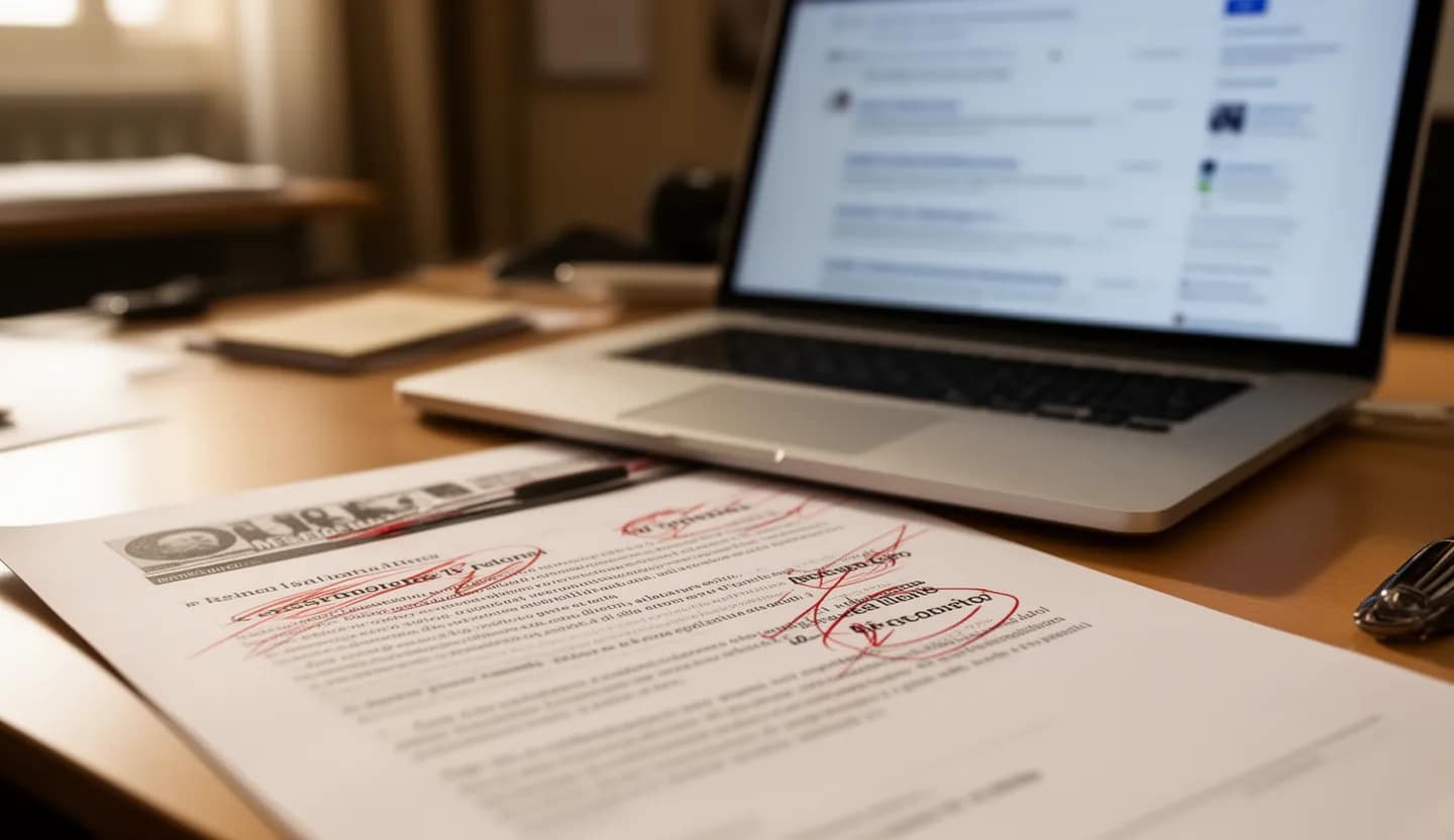 Scrivania di redazione con comunicato stampa corretto a penna rossa e laptop sullo sfondo