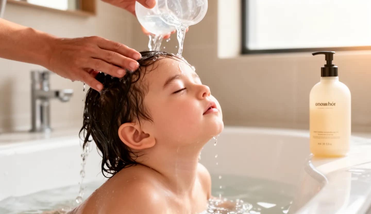 Mano di un genitore versa acqua sulla nuca di un bambino durante il bagnetto in una vasca luminosa con flacone neutro accanto
