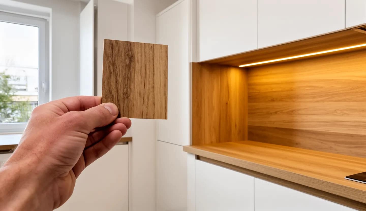 Campione di legno accostato ad anta bianca di cucina