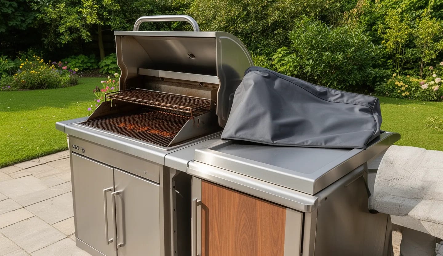 Cucina da esterno con barbecue in acciaio su patio, griglia rovinata dalla ruggine e telo di copertura