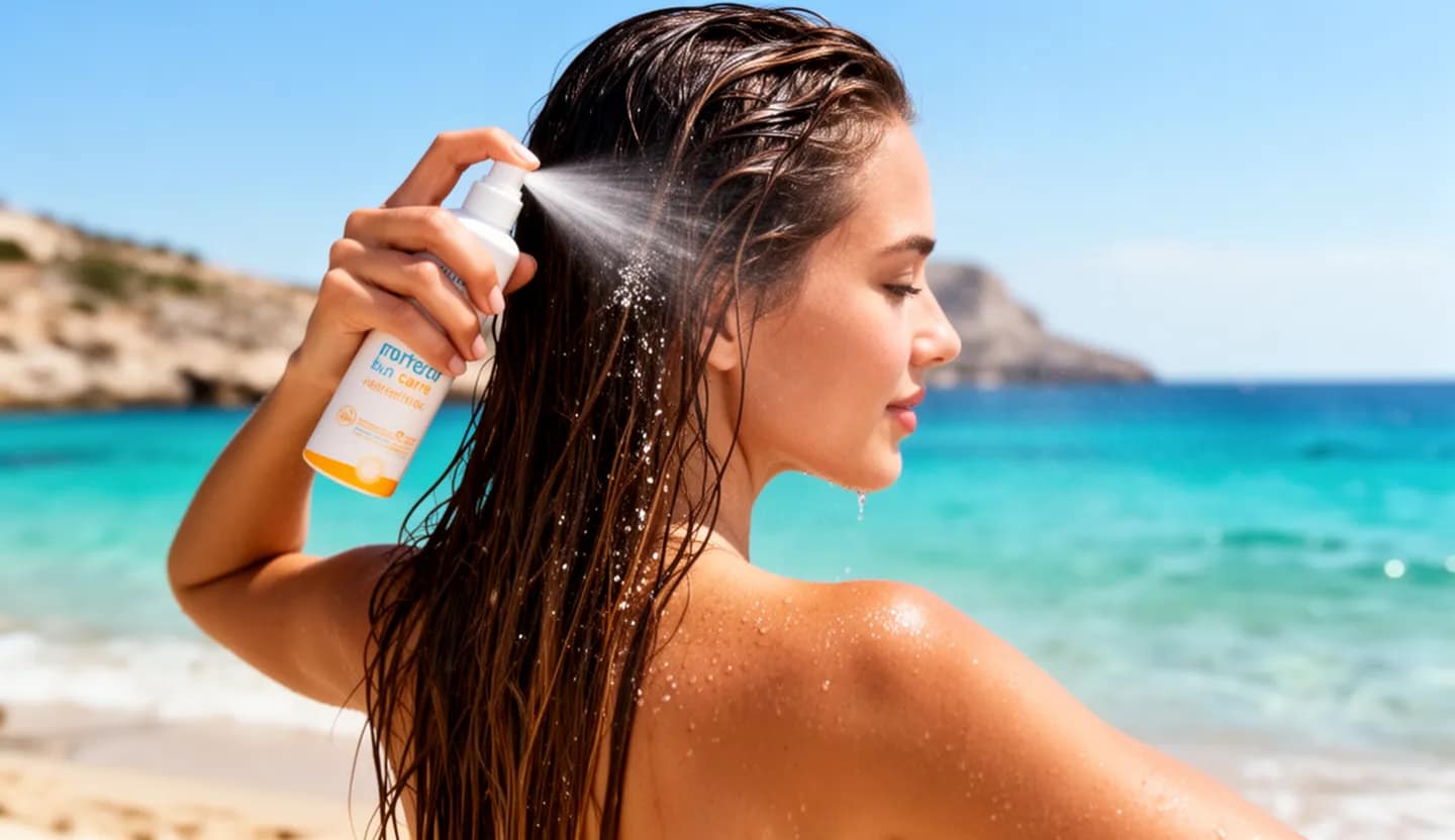 Cura dei capelli al mare con spray protettivo