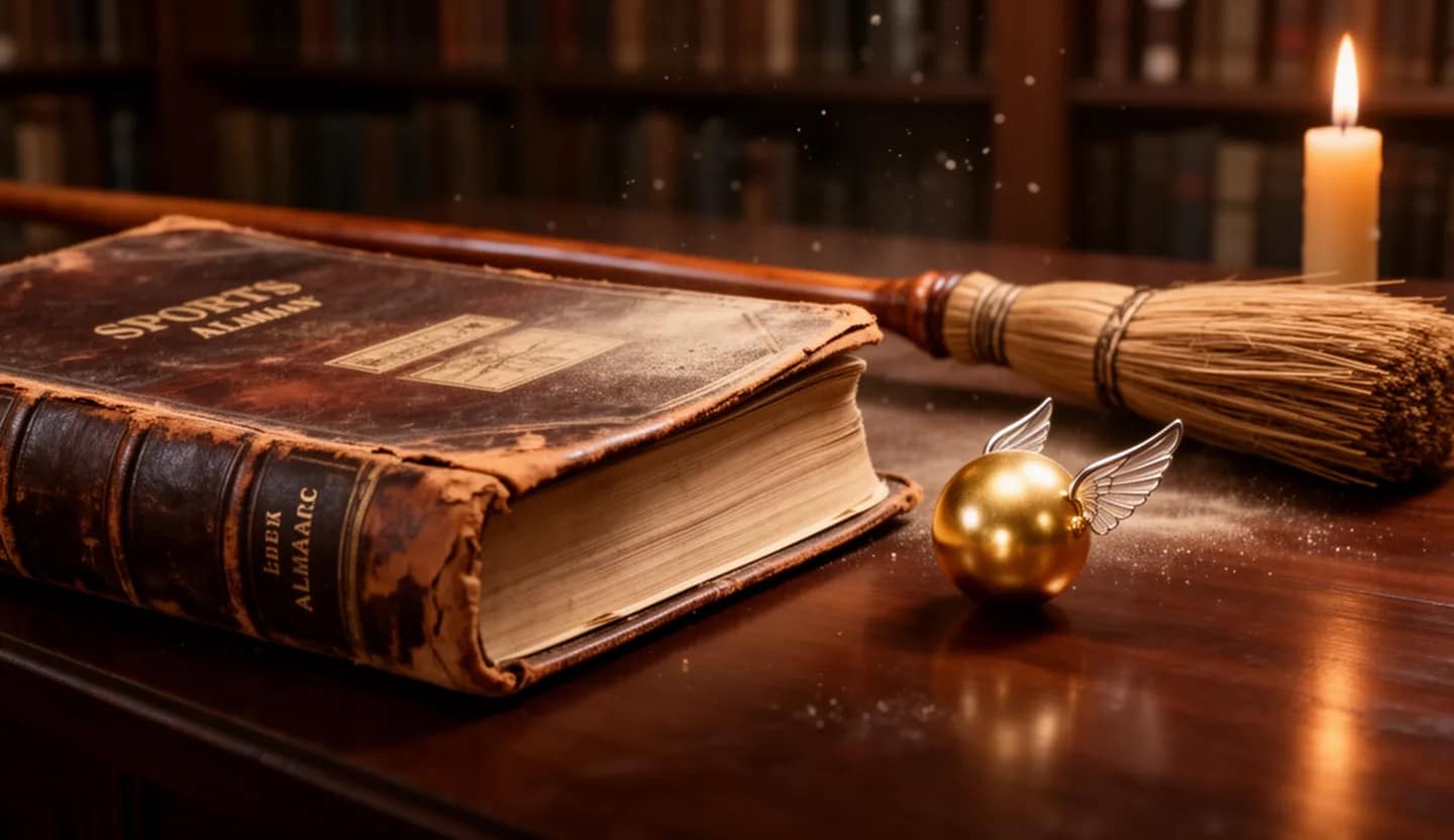 Libro antico con scopa e palla dorata