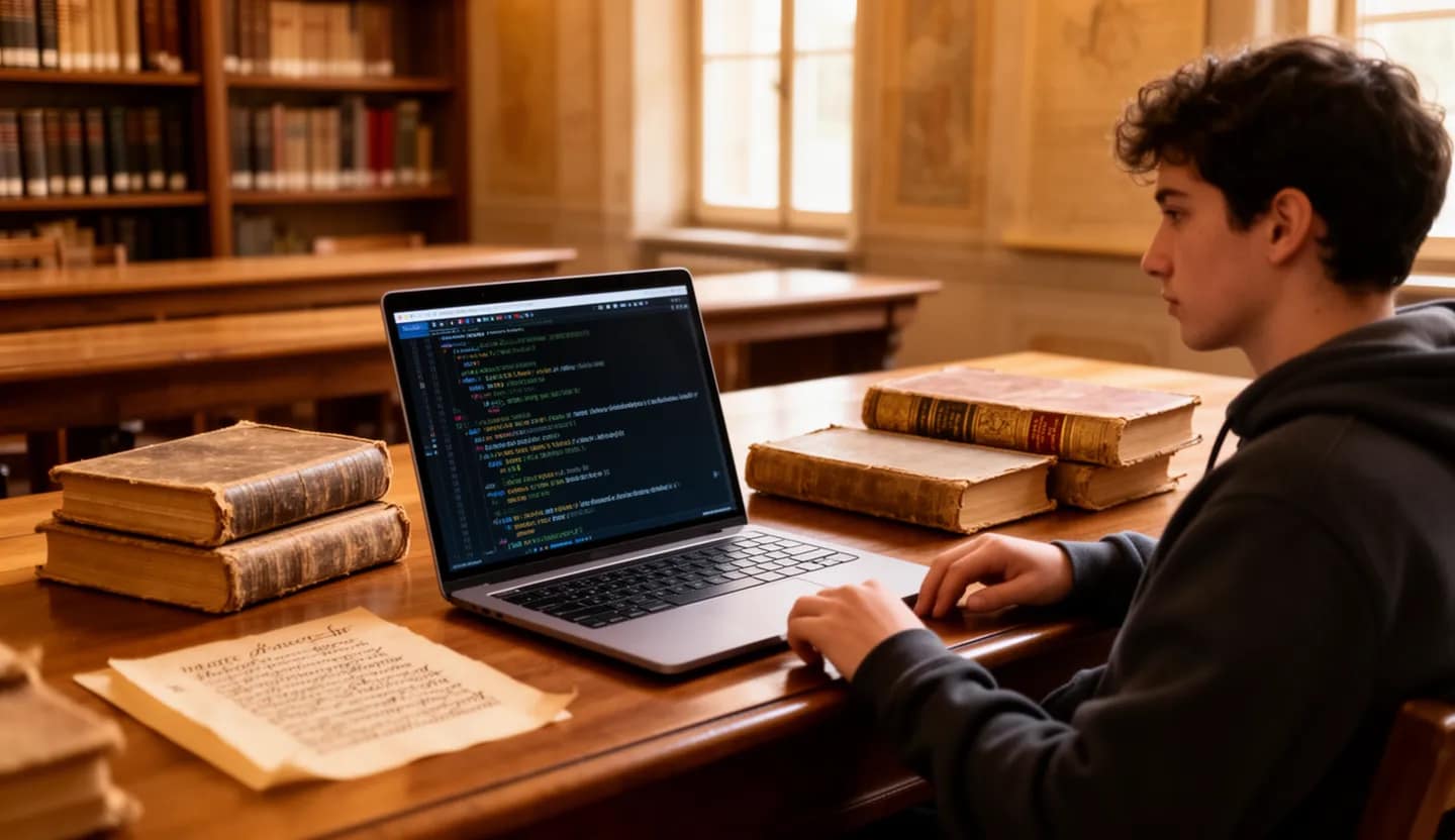 Studente universitario alla scrivania con portatile, codice sullo schermo e libri antichi in biblioteca