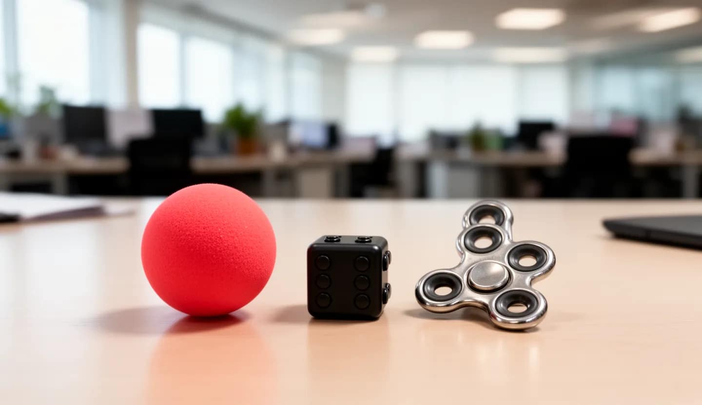Pallina antistress in schiuma, cubo fidget e spinner su una scrivania in ufficio