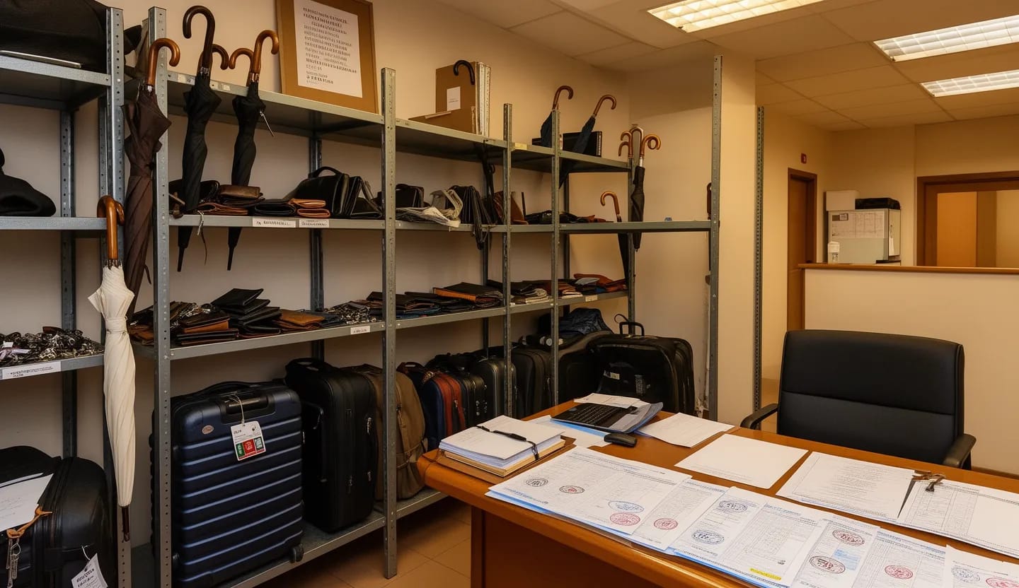 Scaffali dell'ufficio oggetti smarriti di un Comune con borse, ombrelli e chiavi