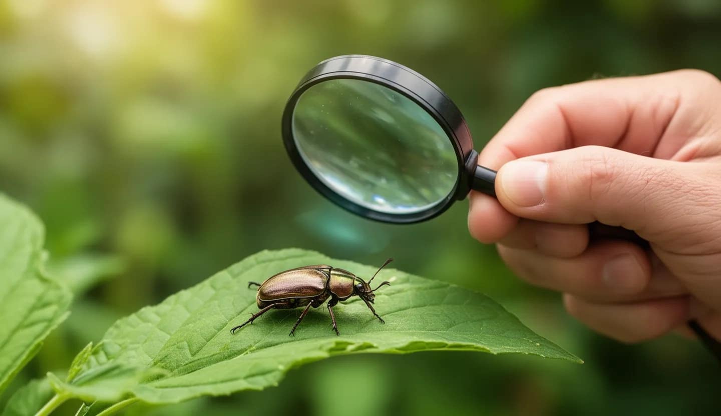 Un entomologo osserva con la lente d'ingrandimento un insetto su una foglia