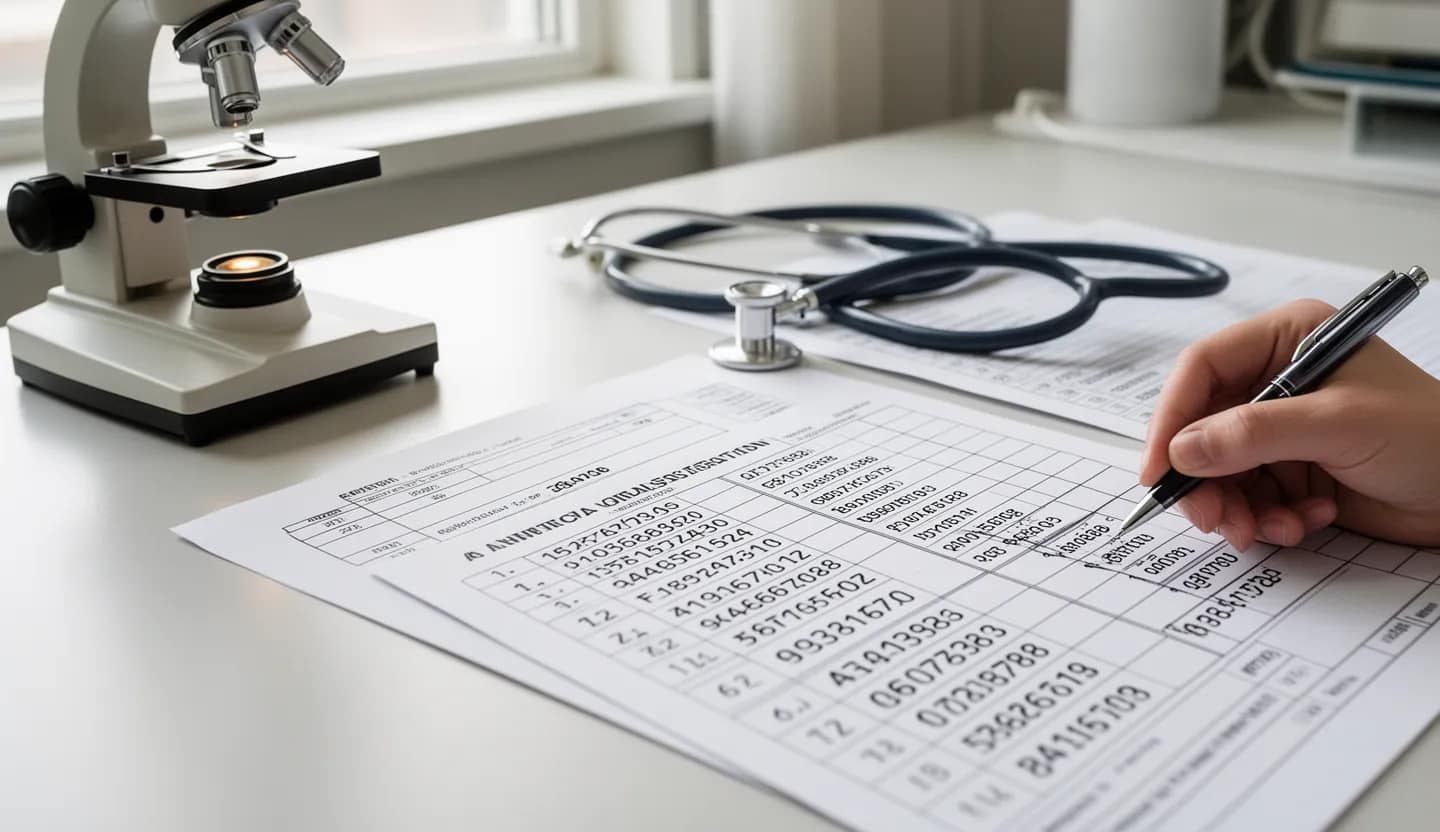 Microscopio e moduli di dimissione ospedaliera su una scrivania, con una mano che compila i codici delle diagnosi