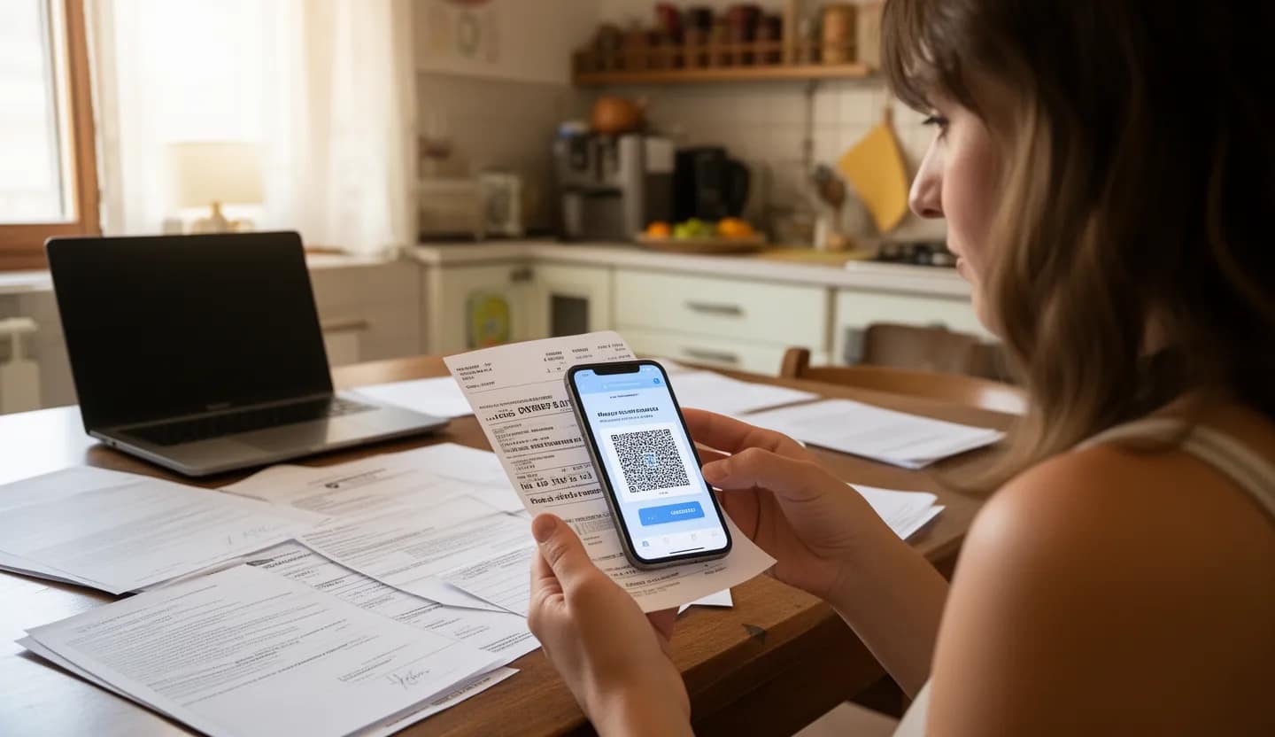Persona paga un bollettino INPS da casa inquadrando il codice QR con lo smartphone