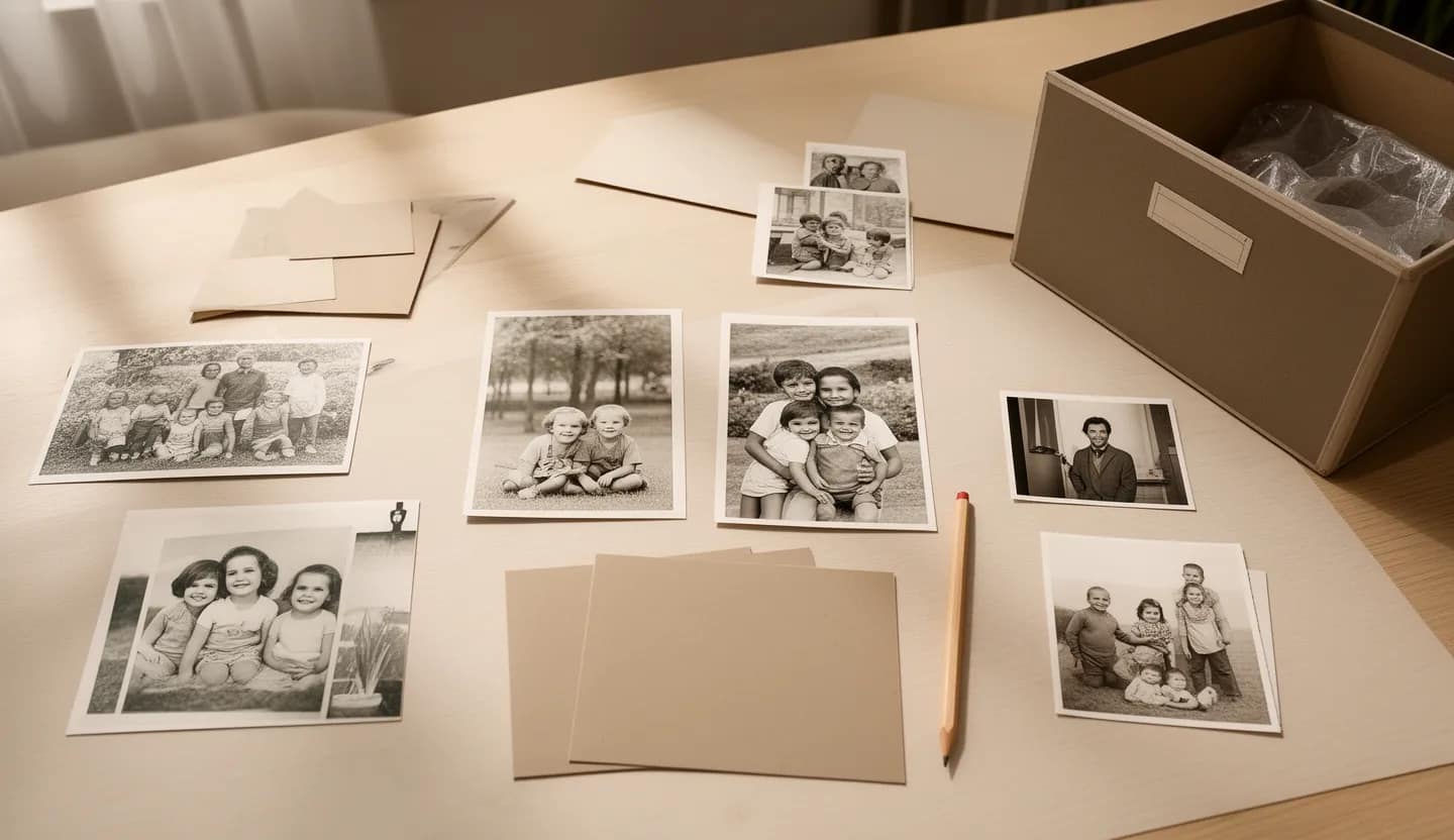 Fotografie stampate suddivise in gruppi sul tavolo accanto a una scatola d’archivio.
