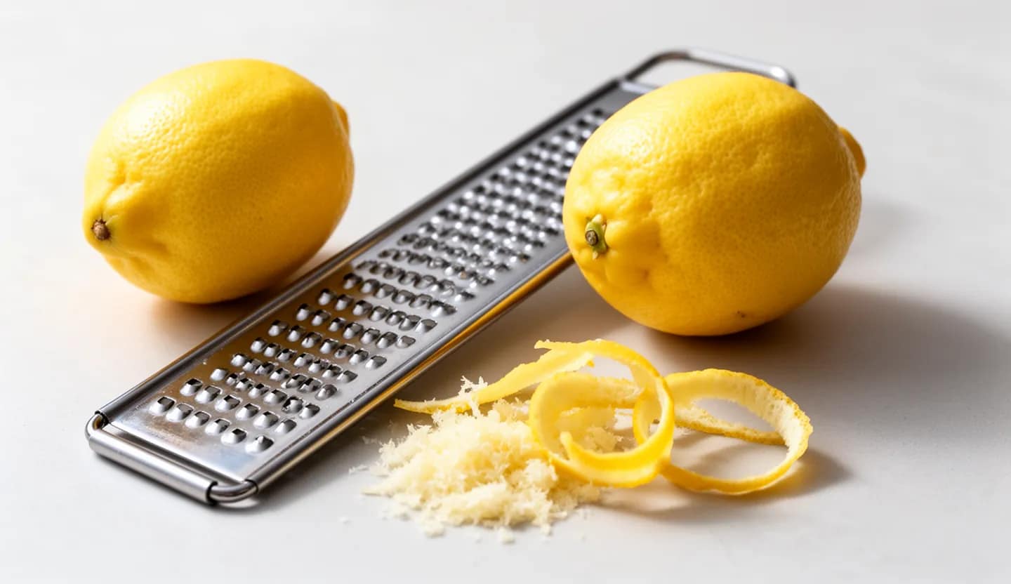 Grattugia fine e zester accanto a un limone e a due tipi di scorza.