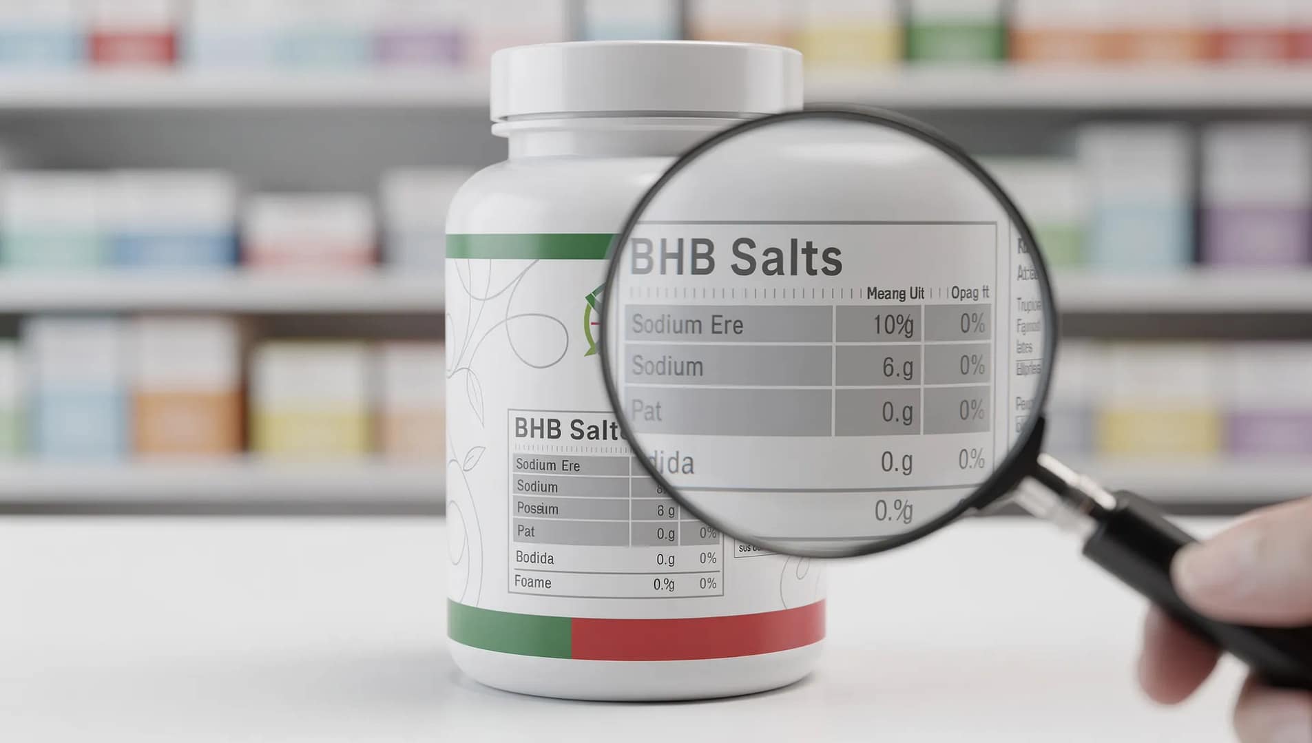 Confezione di integratore keto con etichetta nutrizionale in primo piano e lente d'ingrandimento su BHB e sali minerali